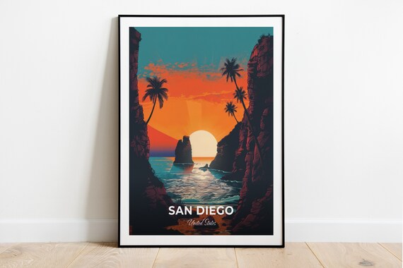 San Diego Ocean Cliffs Sea Arch Sunset Palms Travel Art Poster