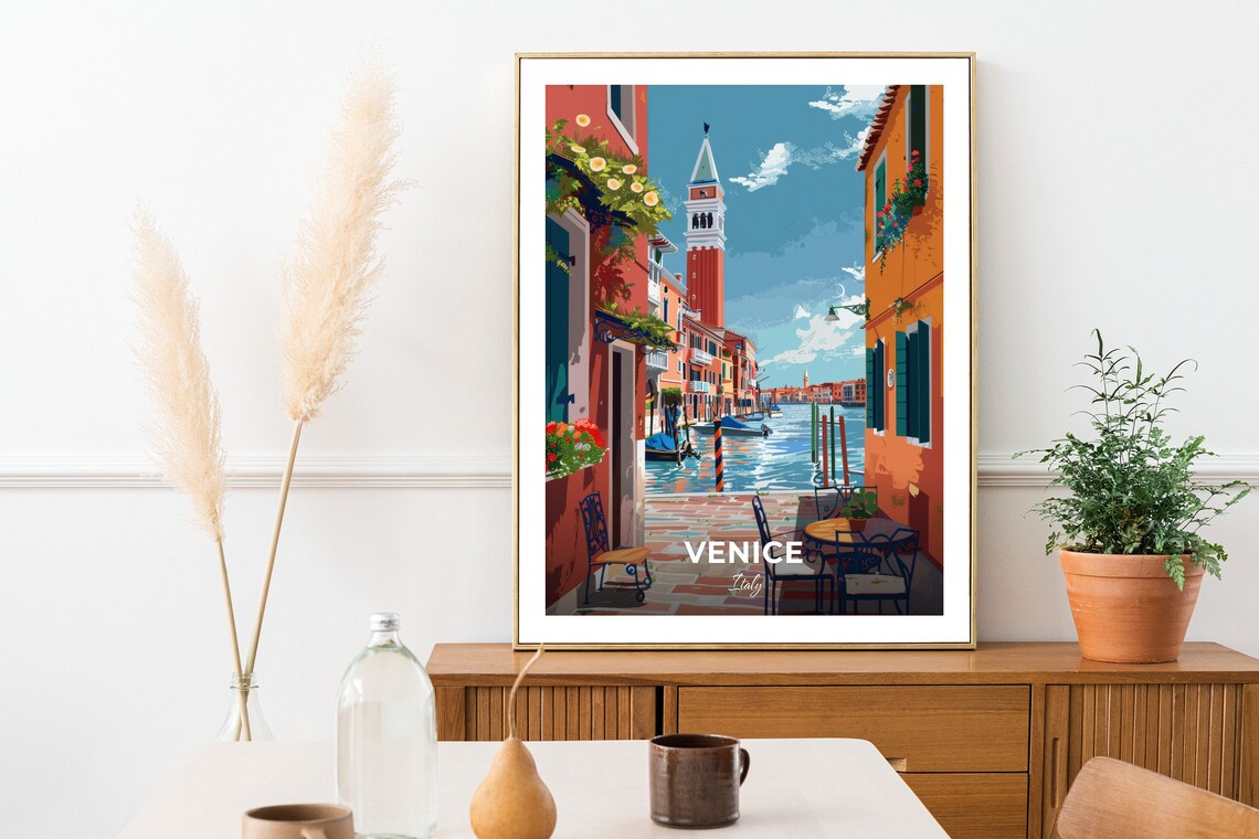 Venice Italy Sunny Canal Bell Tower View Travel Illustration Poster - Image 2