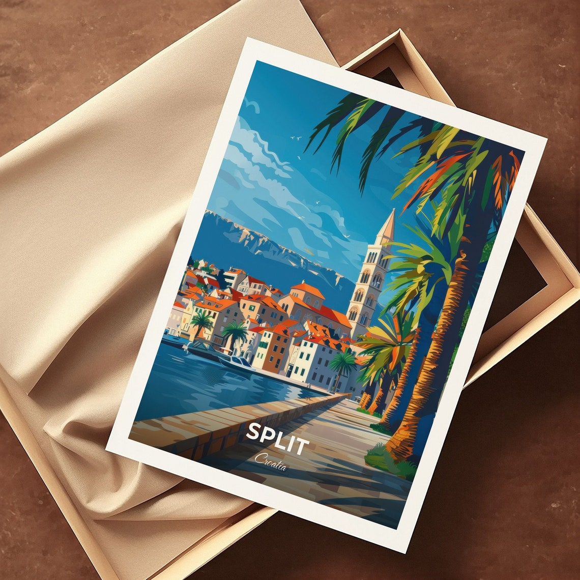 Split Harbor Promenade With Bell Tower And Palms Croatia Travel Poster - Image 3