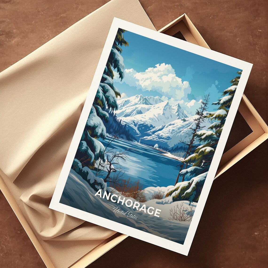 Anchorage Alaska Snowy Mountains Lake Pine Forest Travel Poster - Image 3