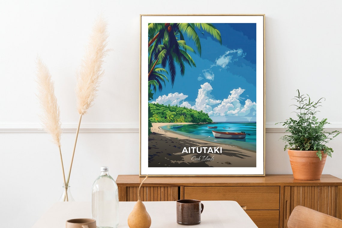 Aitutaki Cook Islands Calm Lagoon with Moored Boats Travel Poster - Image 3