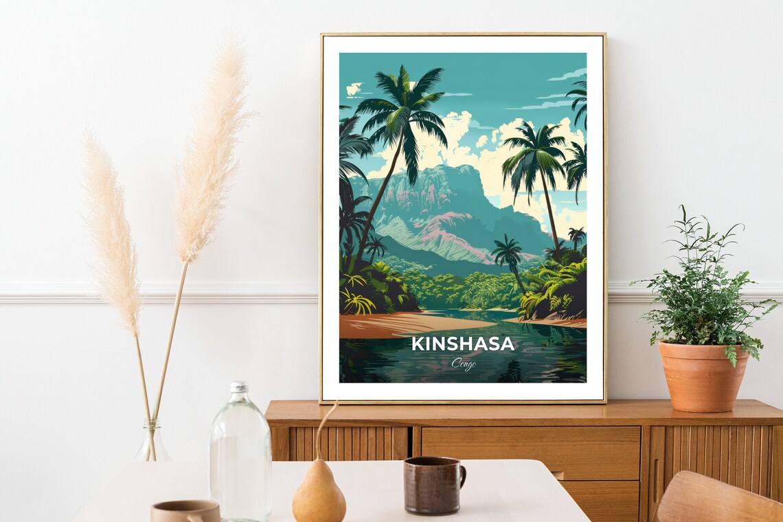 Kinshasa Mount Mangengenge River Palms Mountain Cliffs Congo Travel Poster - Image 2