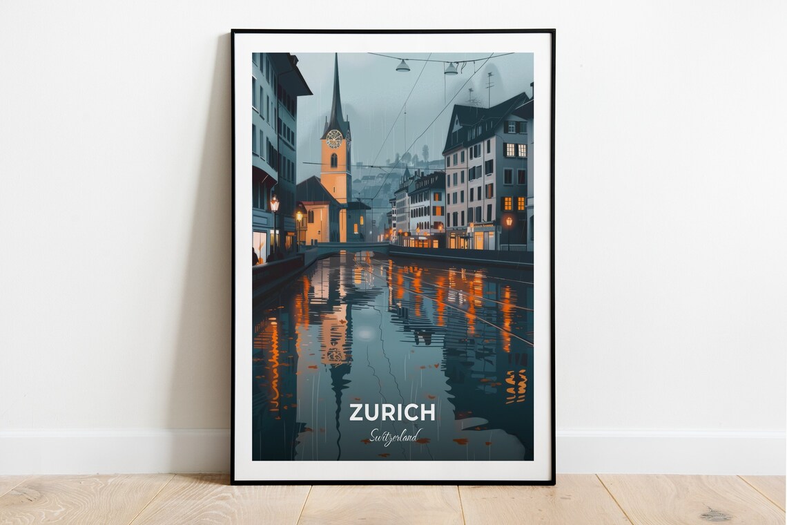 Zurich Switzerland Rainy Evening Street Glowing Canal Lights Poster
