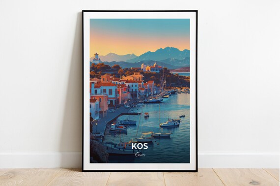 Kos Greece Harbor Town Dusk Boats Whitewashed Houses Travel Poster