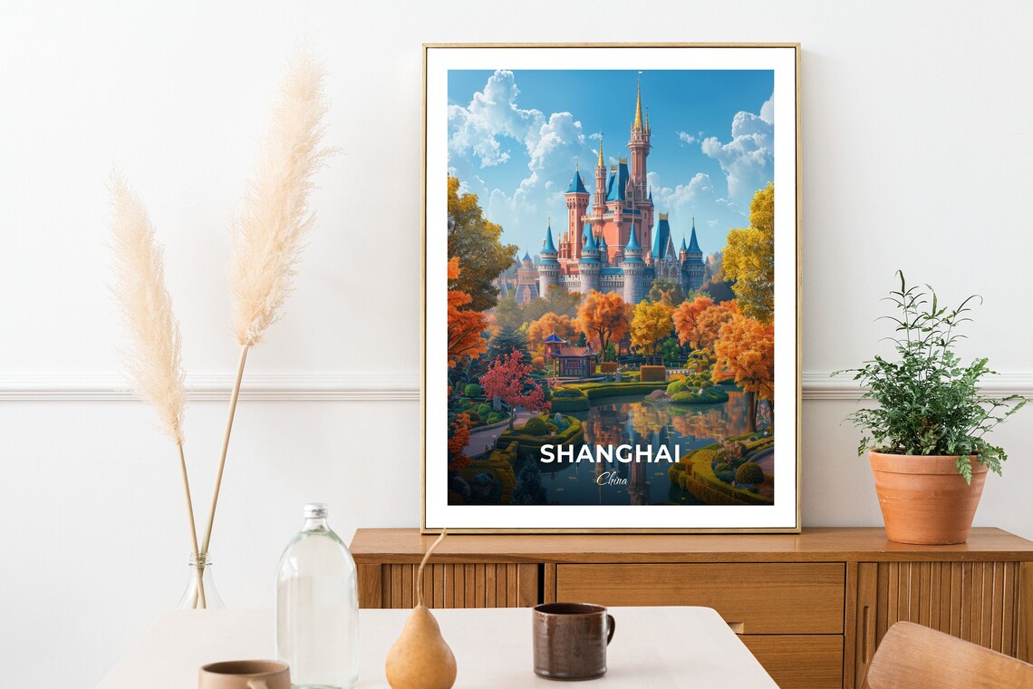Shanghai Disneyland Fairytale Castle Autumn Park Travel Scene Poster - Image 2