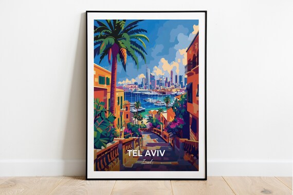 Tel Aviv Old Stone Street Marina Skyline View Travel Scene Poster