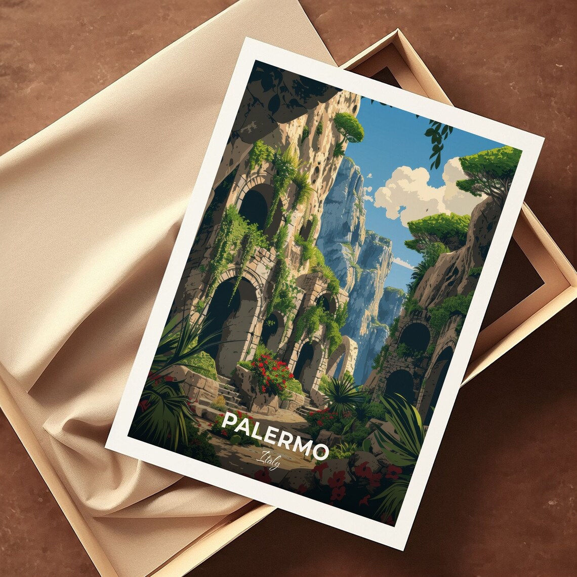 Palermo Italy Ancient Stone Arch Grotto Garden Travel Art Poster - Image 3