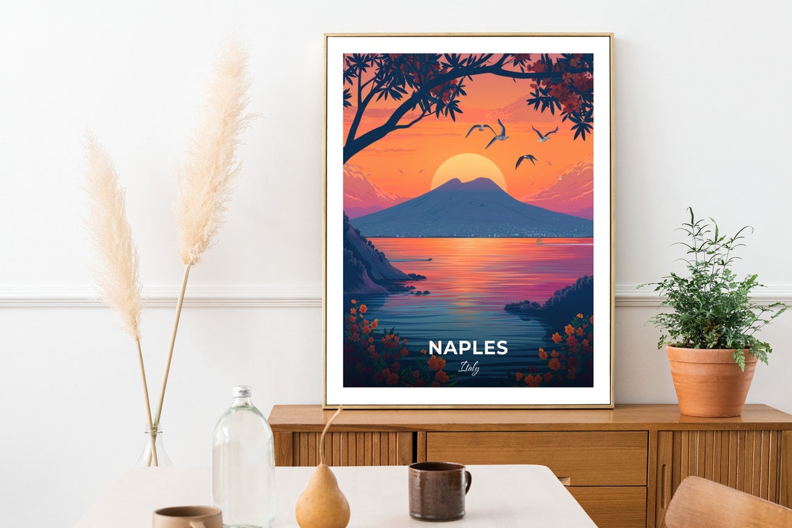 Naples Mount Vesuvius Bay Sunset Seagulls Coast Travel Poster - Image 2