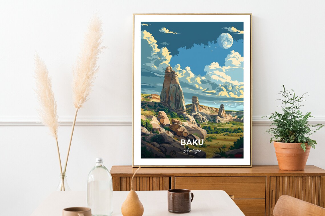 Baku Azerbaijan Gobustan Rock Pillars Moon Desert Landscape Poster - Image 2