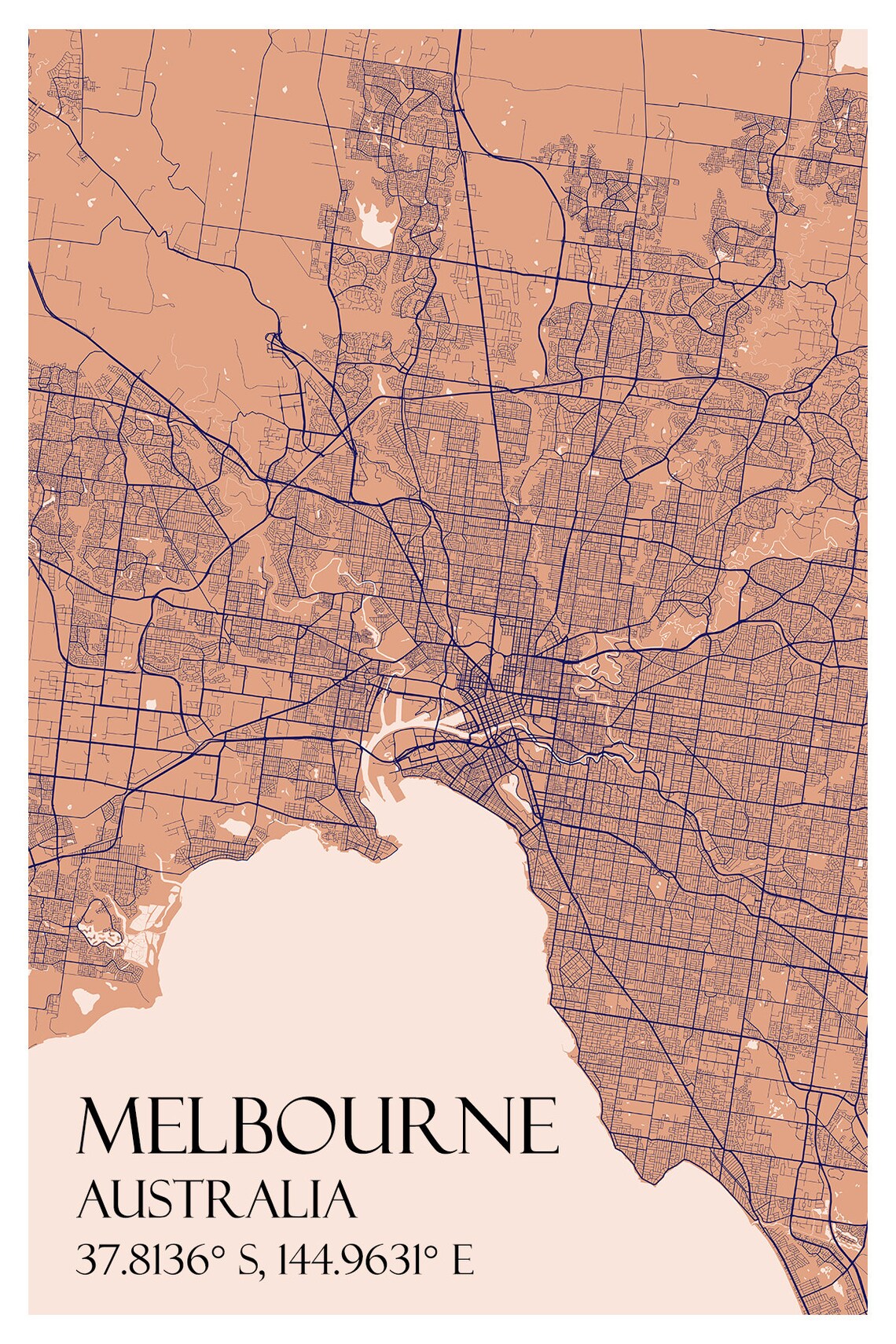 Melbourne Australia City Map Warm Coral Peach Tones Map Art Poster - Image 2