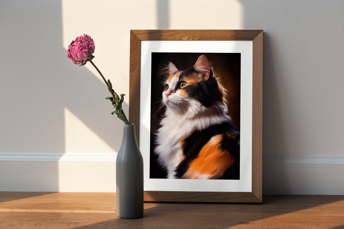 Long-Haired Calico Cat Portrait Elegant Feline Art Painting Poster - Image 3