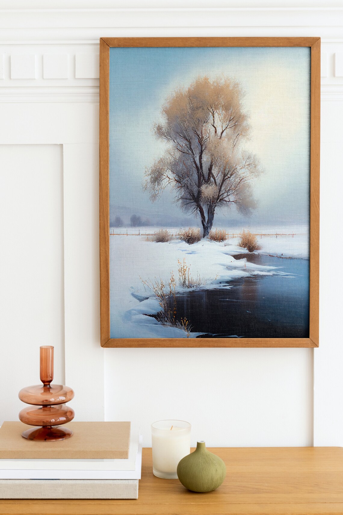 Lone Winter Tree by Frozen River Snowy Landscape Painting Poster - Image 3