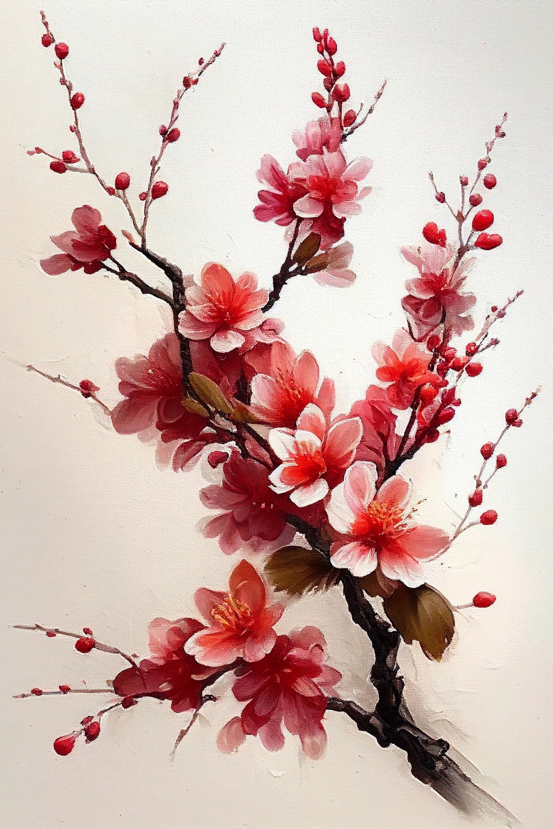 Red Cherry Blossom Branch Elegant Asian Ink Floral Art Poster - Image 2