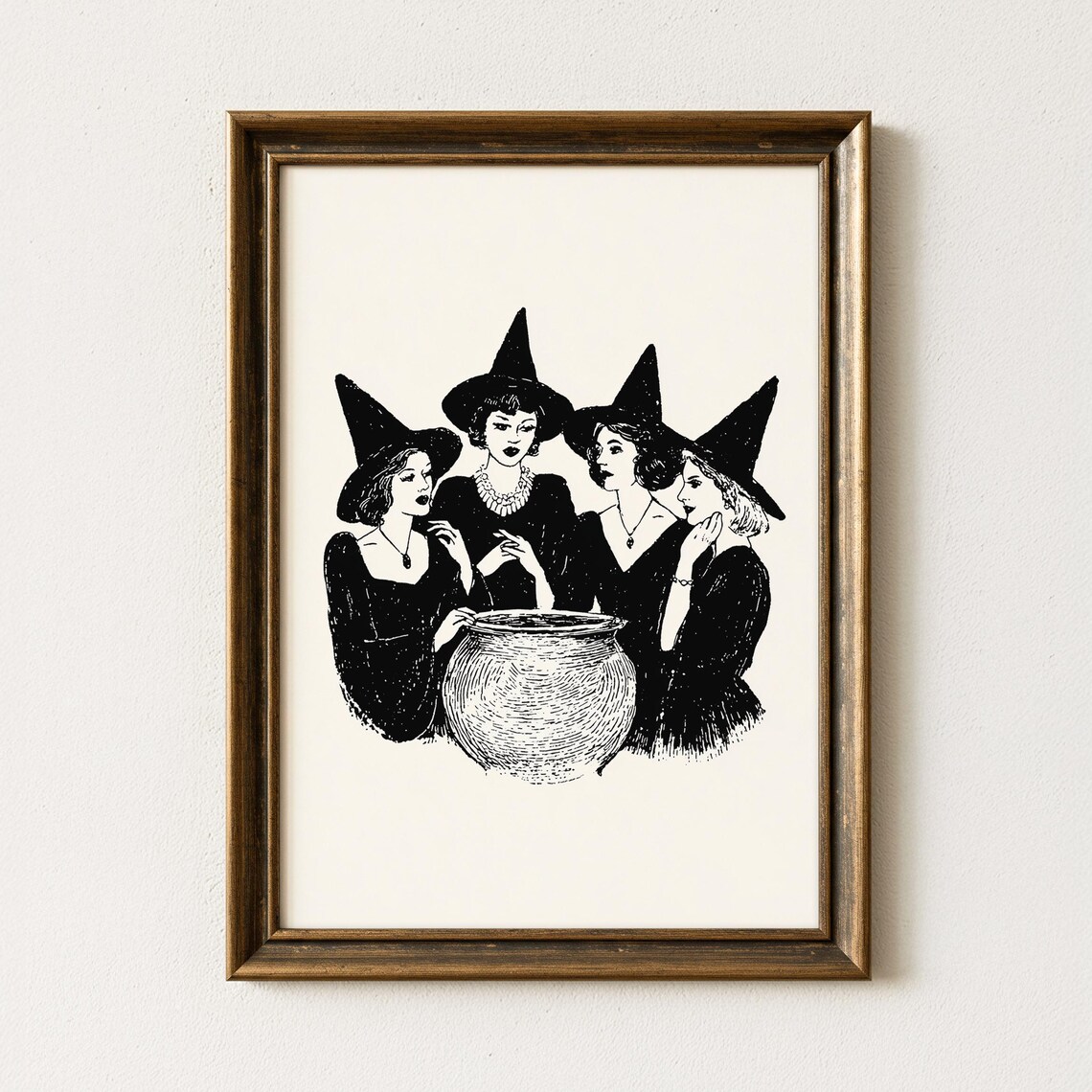Vintage Witch Art Print Retro Halloween Wall Decor Spooky Illustration Black And White Cauldron Gothic Home