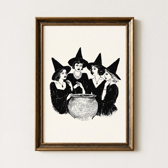 Vintage Witch Art Print Retro Halloween Wall Decor Spooky Illustration Black And White Cauldron Gothic Home