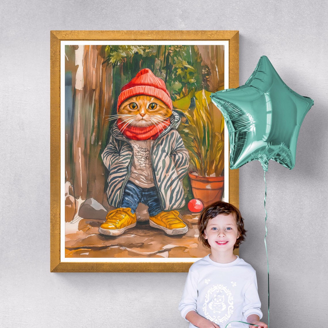 Cool Cat Winter Outfit Red Beanie Striped Jacket Funny Cat Poster - Image 3
