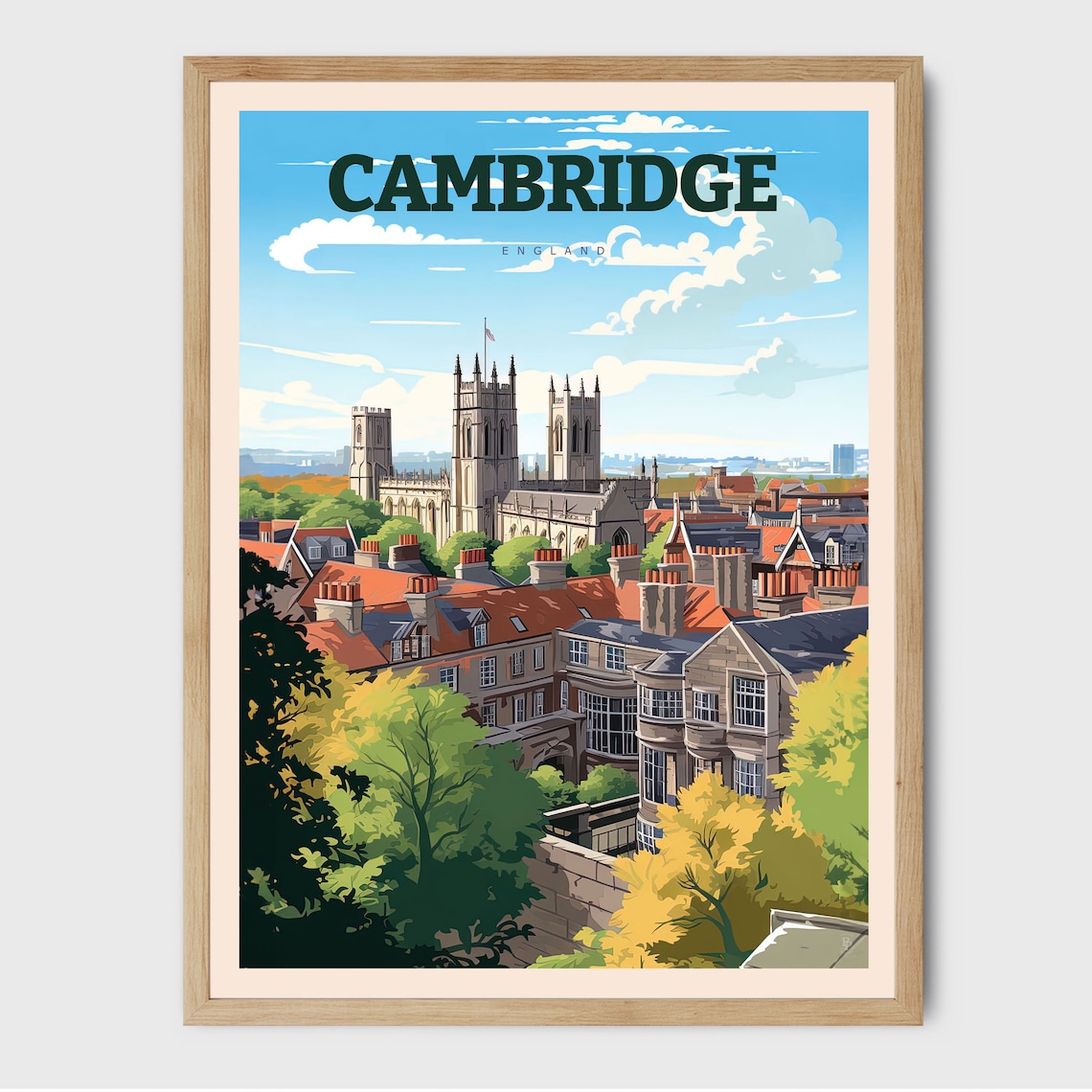 Cambridge England Kings College Chapel Rooftops Skyline Travel Poster