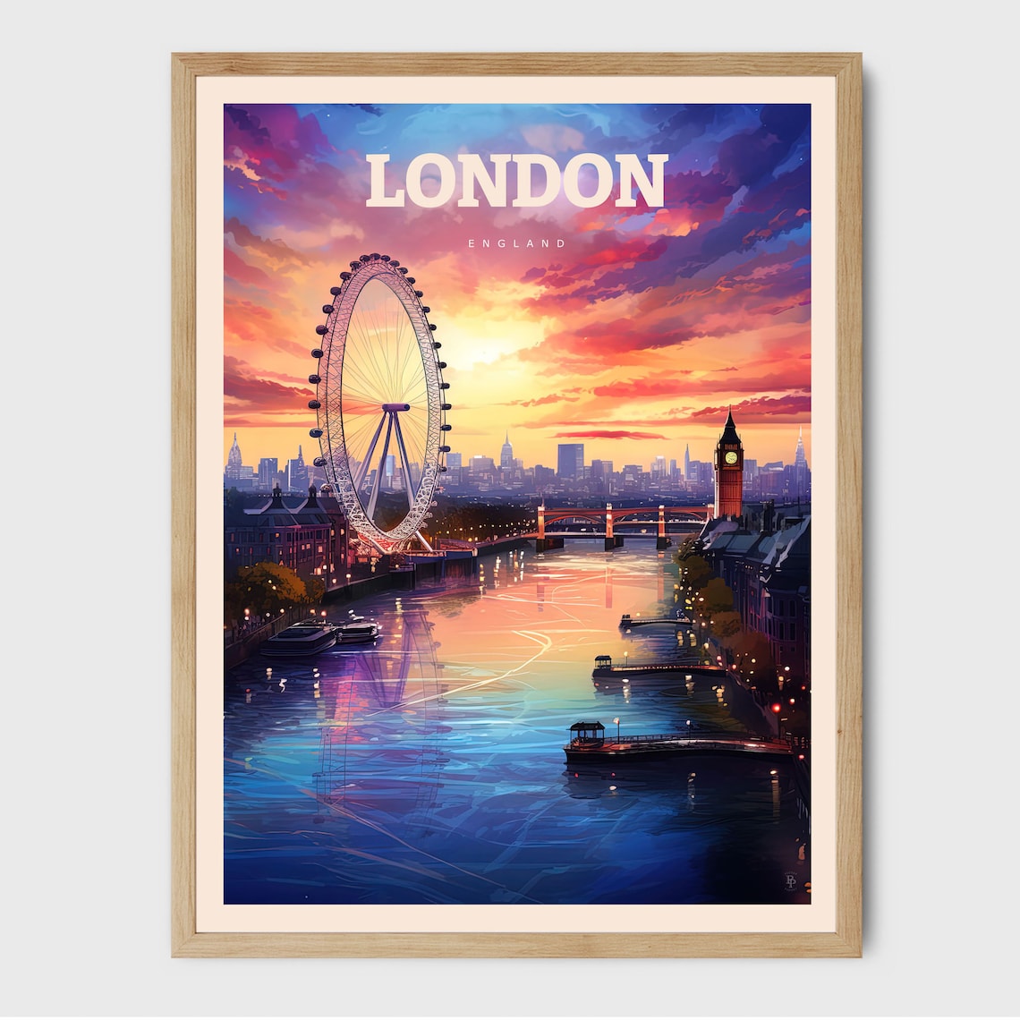 London England Sunset Thames River London Eye Big Ben Skyline Poster