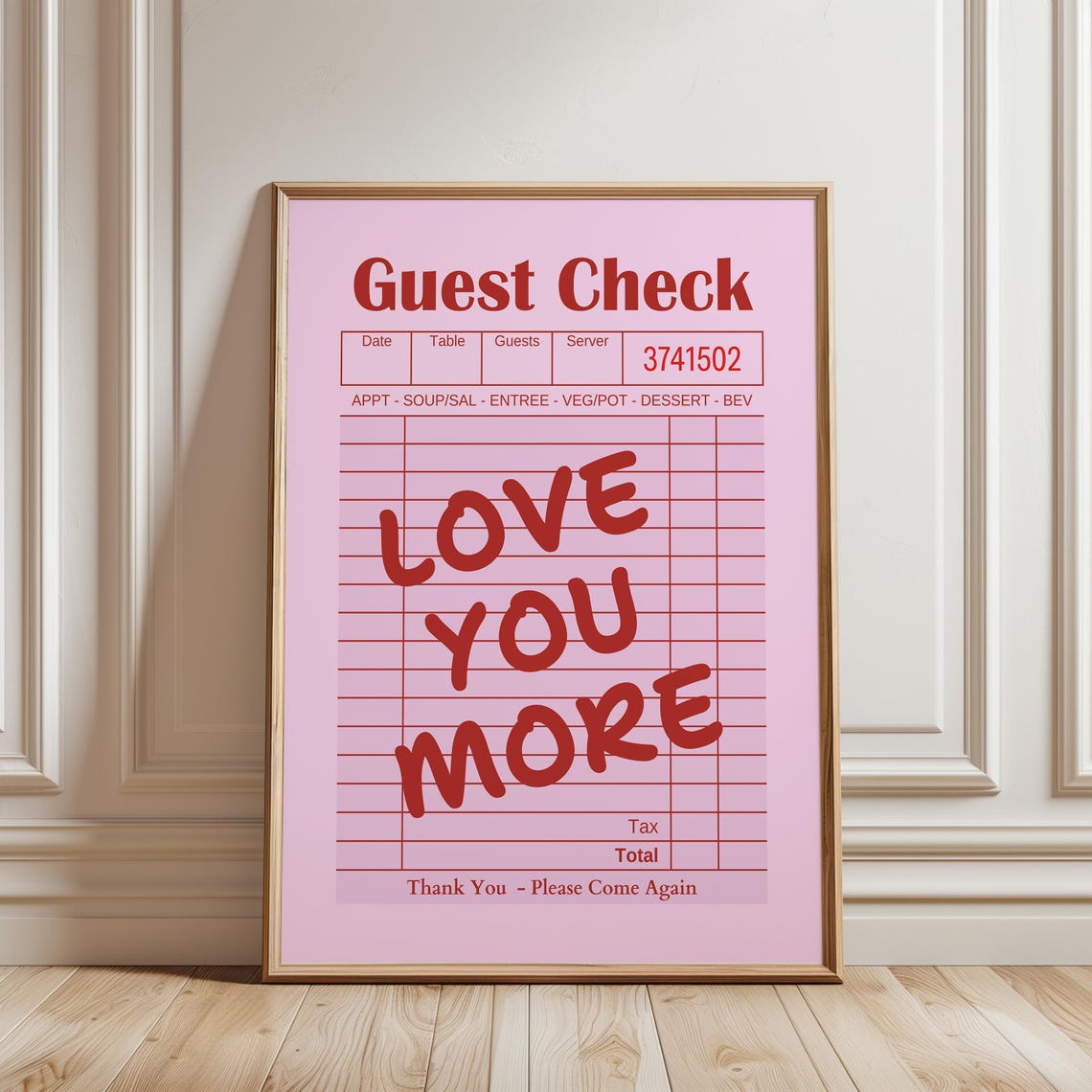 Love You More Pink Guest Check Retro Romantic Diner Wall Art
