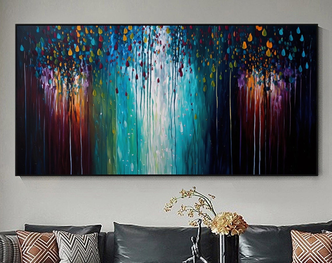 Colorful Falling Rain Abstract Panoramic Oil Painting Art Print