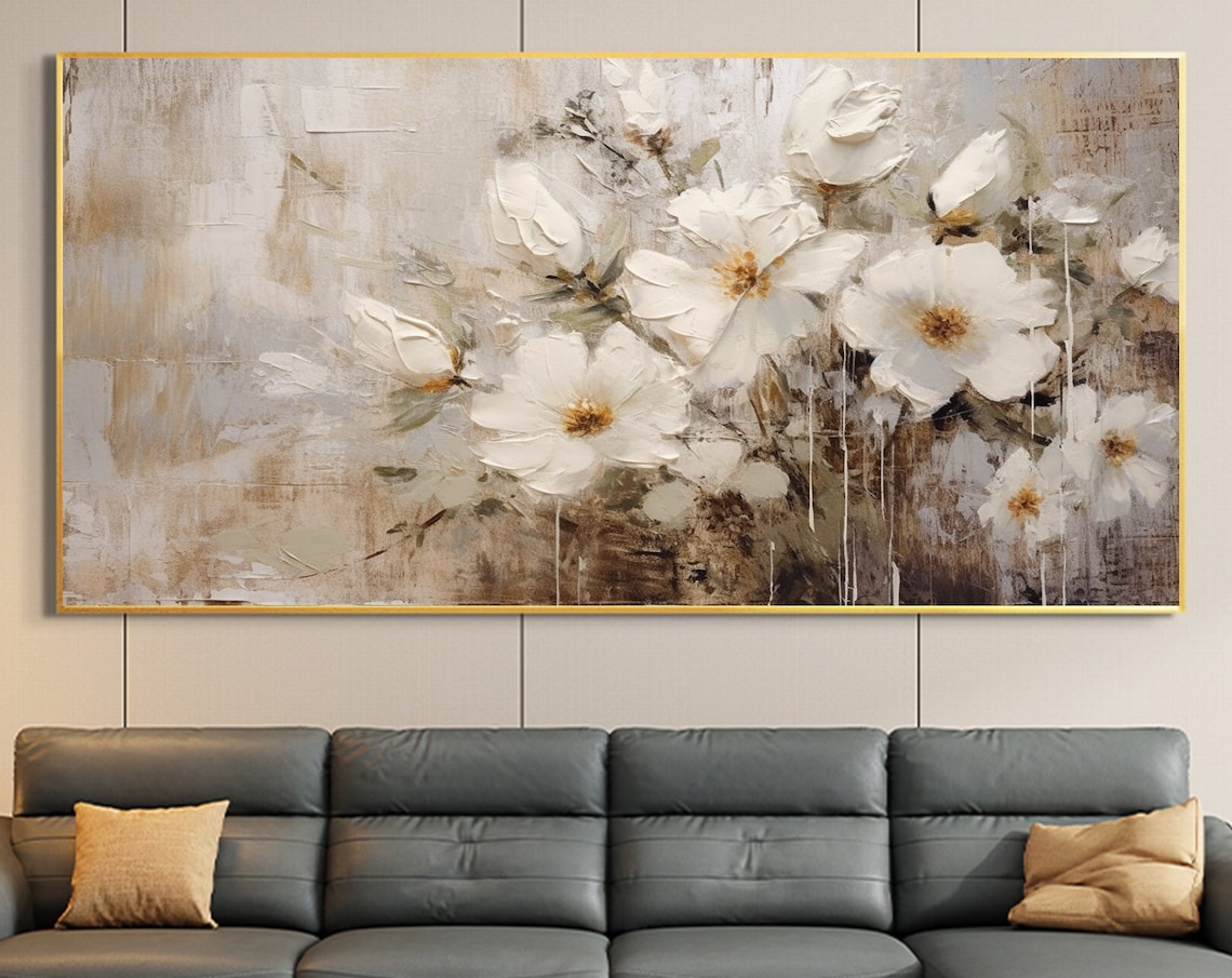 Soft White Blossoms on Beige Panoramic Oil Painting Art Print