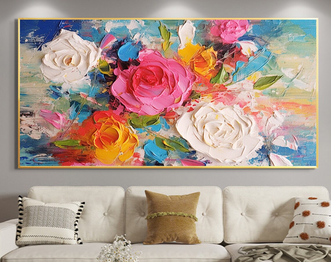 Colorful Roses Impasto on Blue Panoramic Oil Painting Art Print