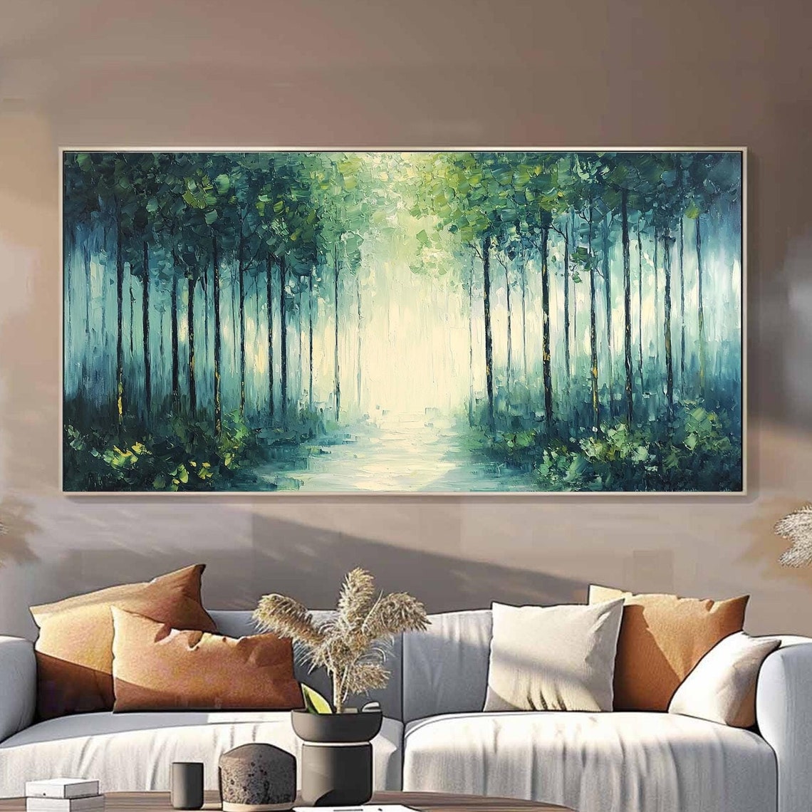 Misty Forest Path Light Beam Panoramic Oil Painting Art Print
