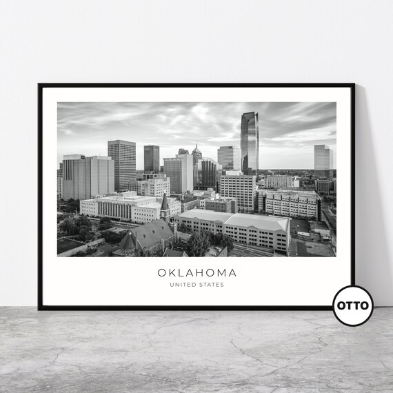 Oklahoma Skyline Black White Downtown United States Travel Poster