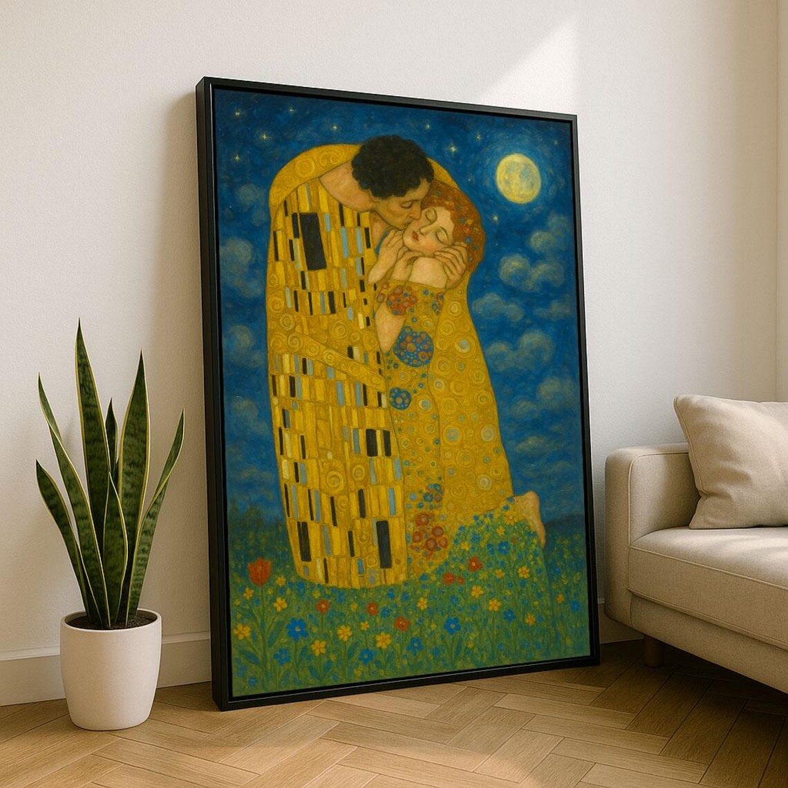 Romantic Golden Couple Kiss Under Moon Klimt Style Love Poster