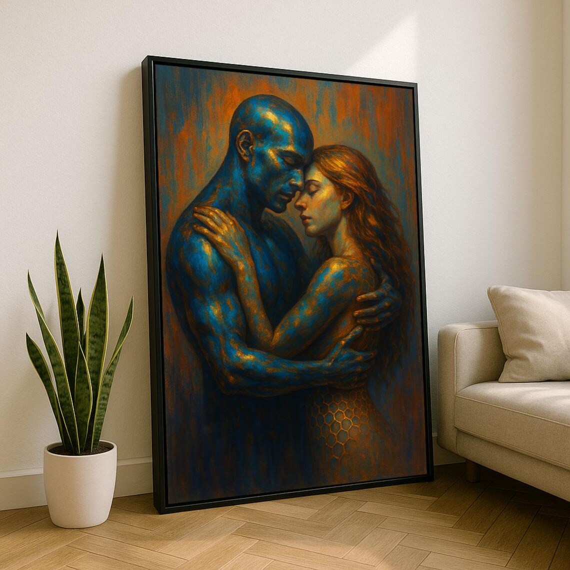 Intimate Couple Embrace In Blue And Gold Modern Figurative Poster