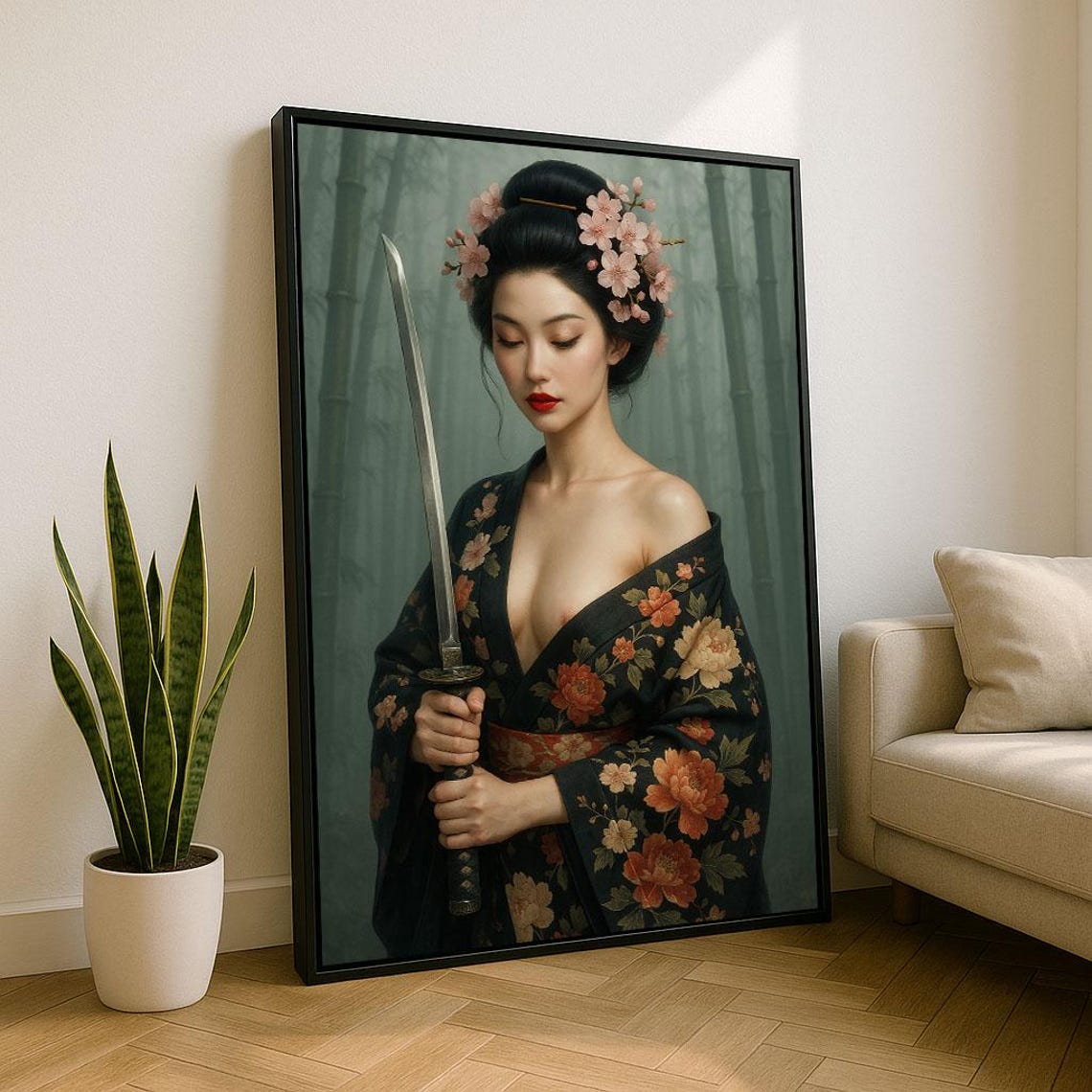 Elegant Japanese Geisha Cherry Blossom Katana Bamboo Forest Poster