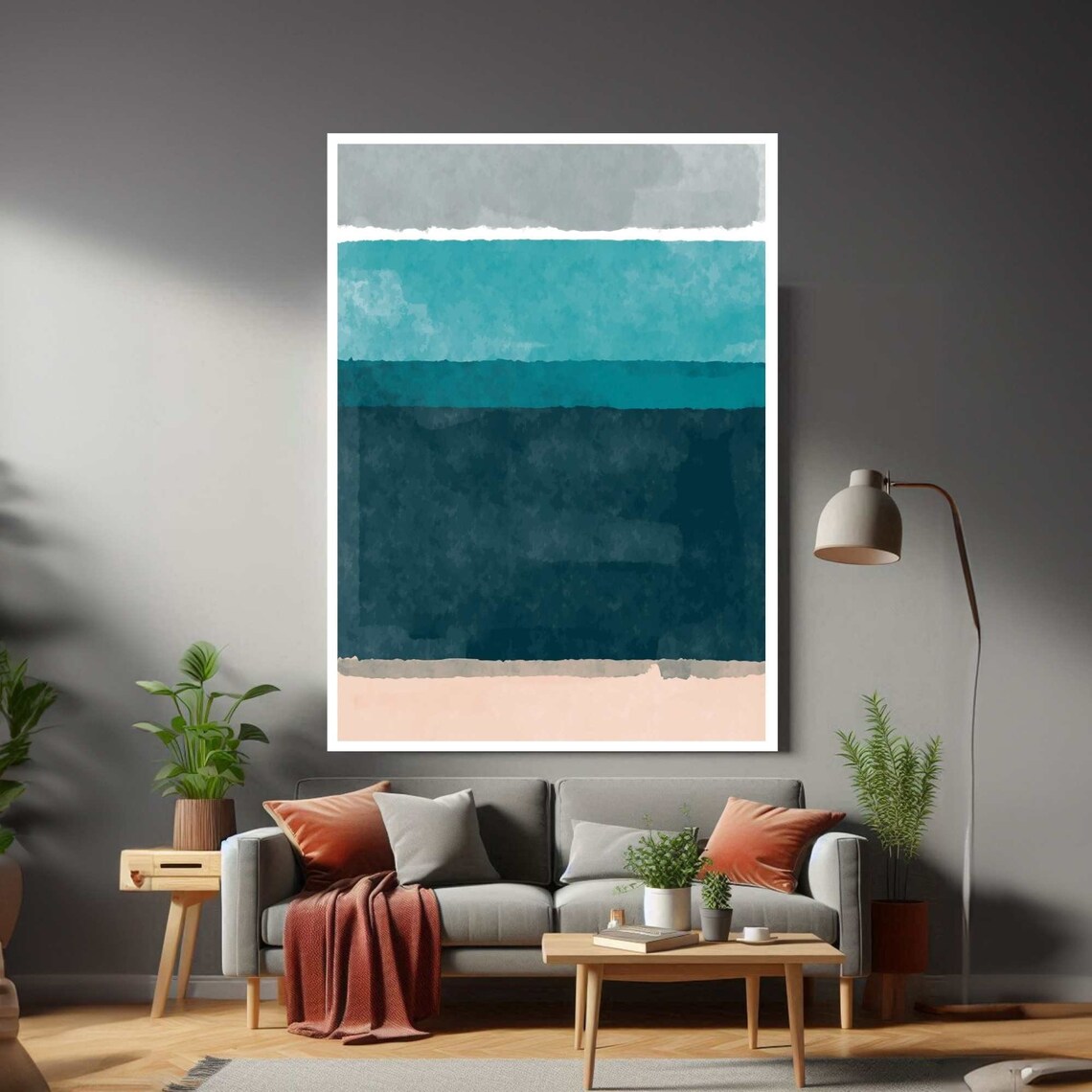 Rothko Inspired Grey Teal and Blush Banded Watercolor Abstract Poster