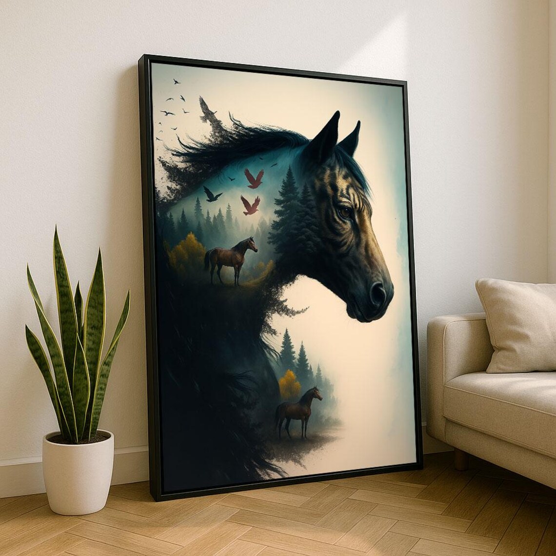 Majestic Horse Double Exposure Forest And Birds Wildlife Art Poster