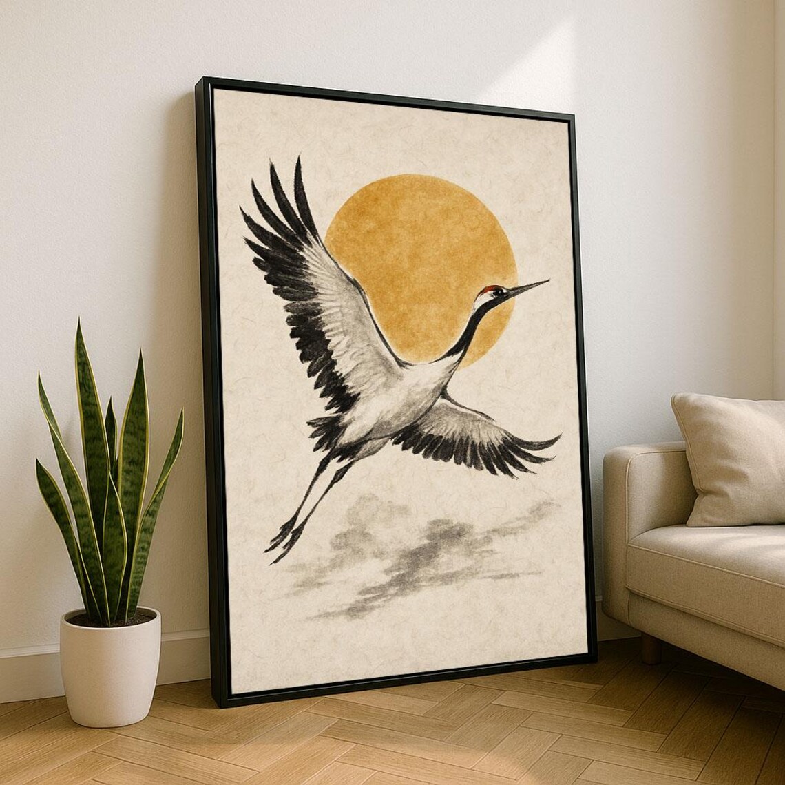 Japanese Ink Style Crane Flying Before Golden Sun Circle Poster