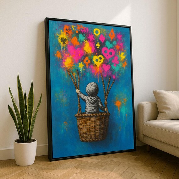 Child In Hot Air Balloon With Card Suit Doodles Blue Street Poster