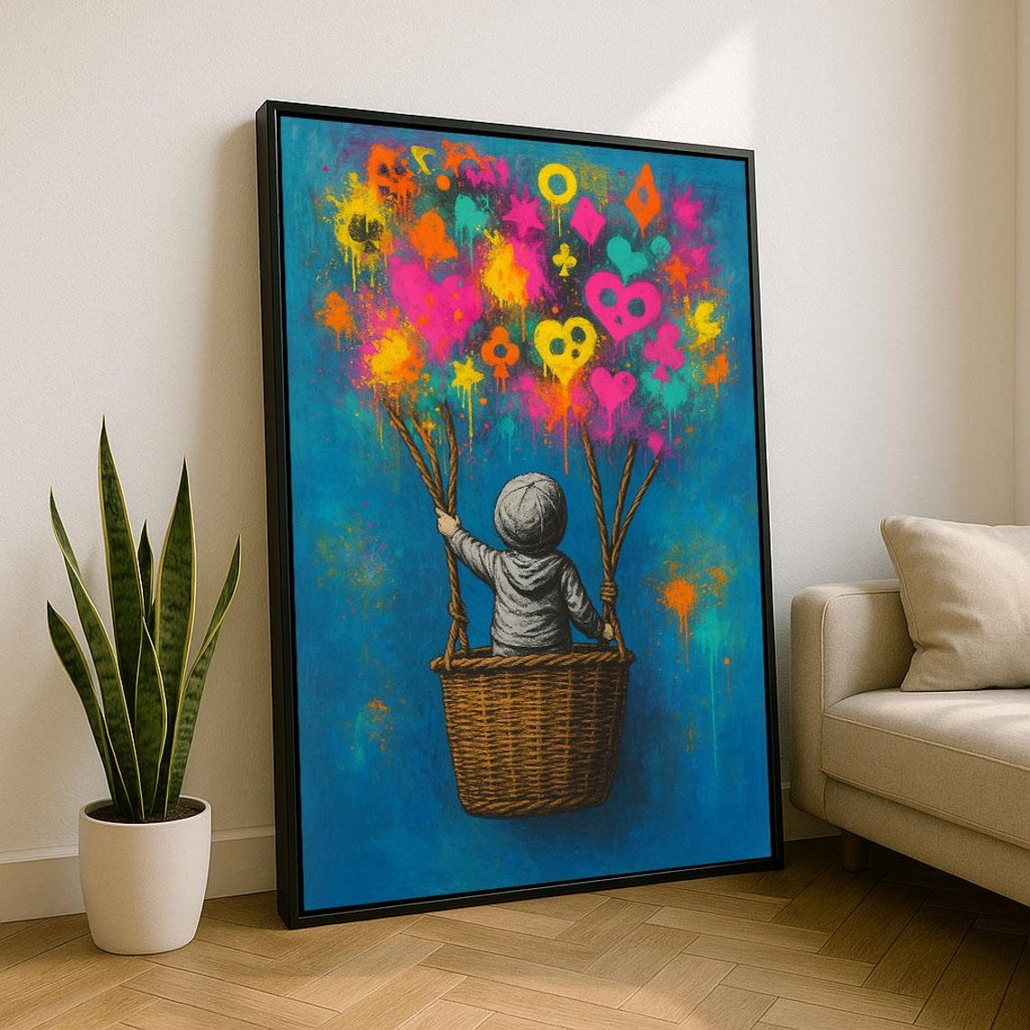 Whimsical Child In Balloon Basket Canvas Wall Art Print Colorful Nursery Decor Statement Piece