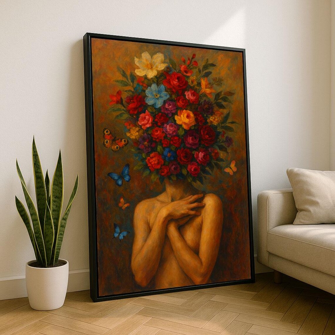 Surreal Flower Bouquet Woman Face Butterflies Dreamy Art Poster