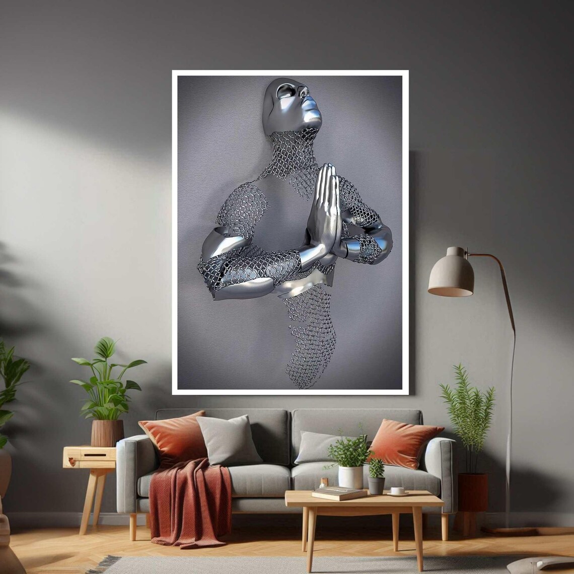 Metallic Praying Figure Futuristic Meditation Digital Art Poster