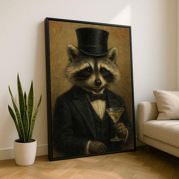 Charming Raccoon In Suit Canvas Wall Art Print Vintage Living Room Decor Statement Piece