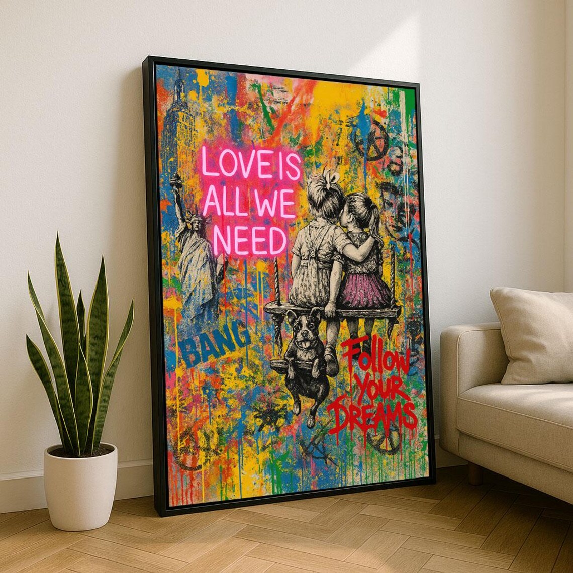 Love Is All We Need Street Art Kids On Swing Colorful Graffiti Poster