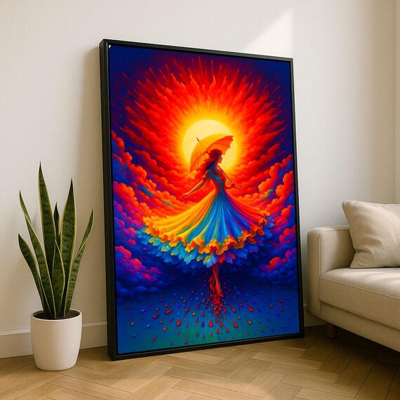 Vibrant Dreamlike Woman With Umbrella Canvas Wall Art Print Colorful Living Room Decor Statement Piece