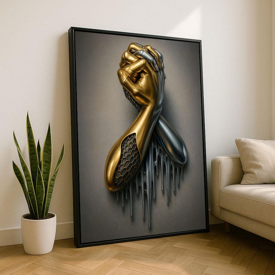 Modern Metallic Gold Silver Clasped Hands Sculpture Style Wall Art