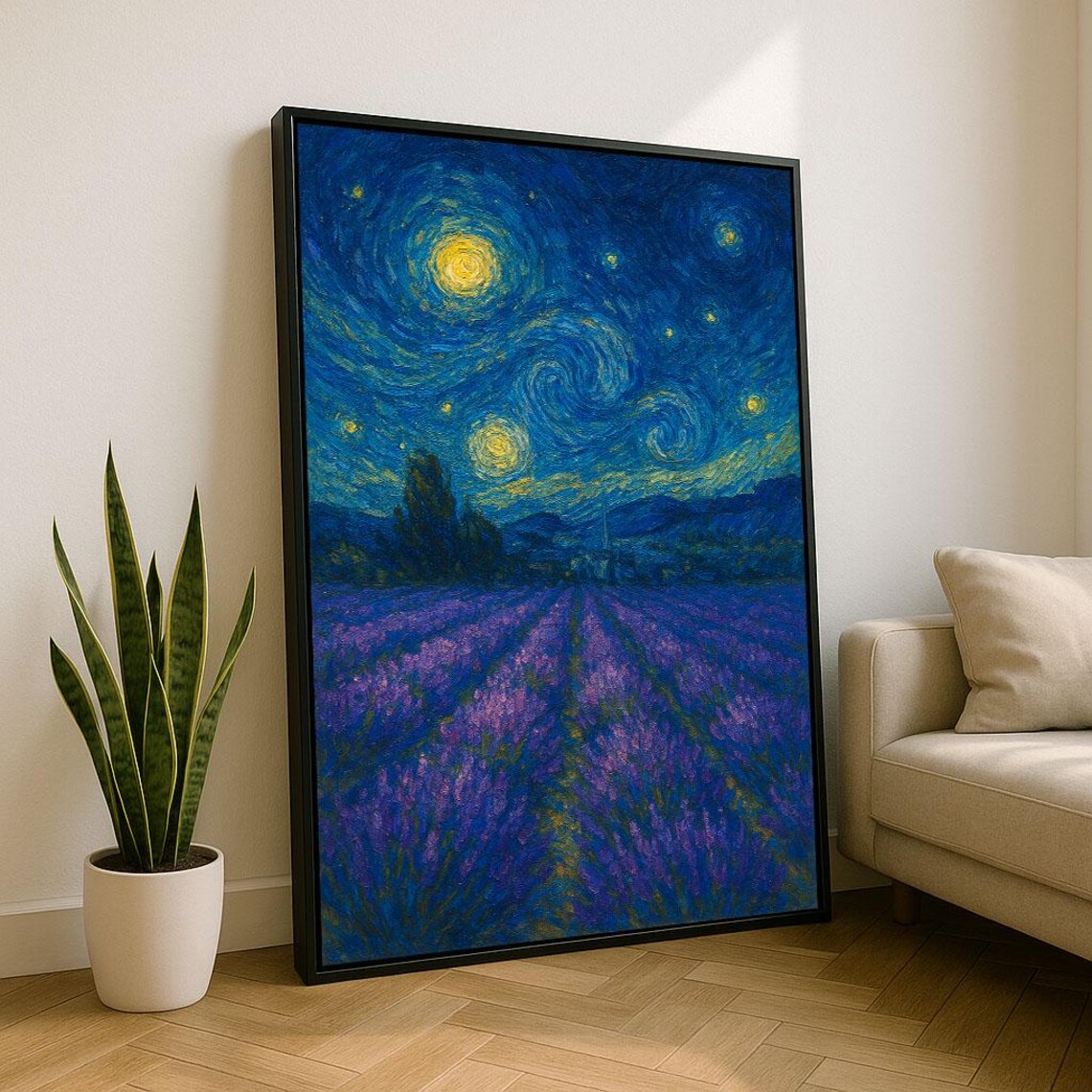 Starry Night Over Lavender Field Van Gogh Style Swirling Sky Art Poster
