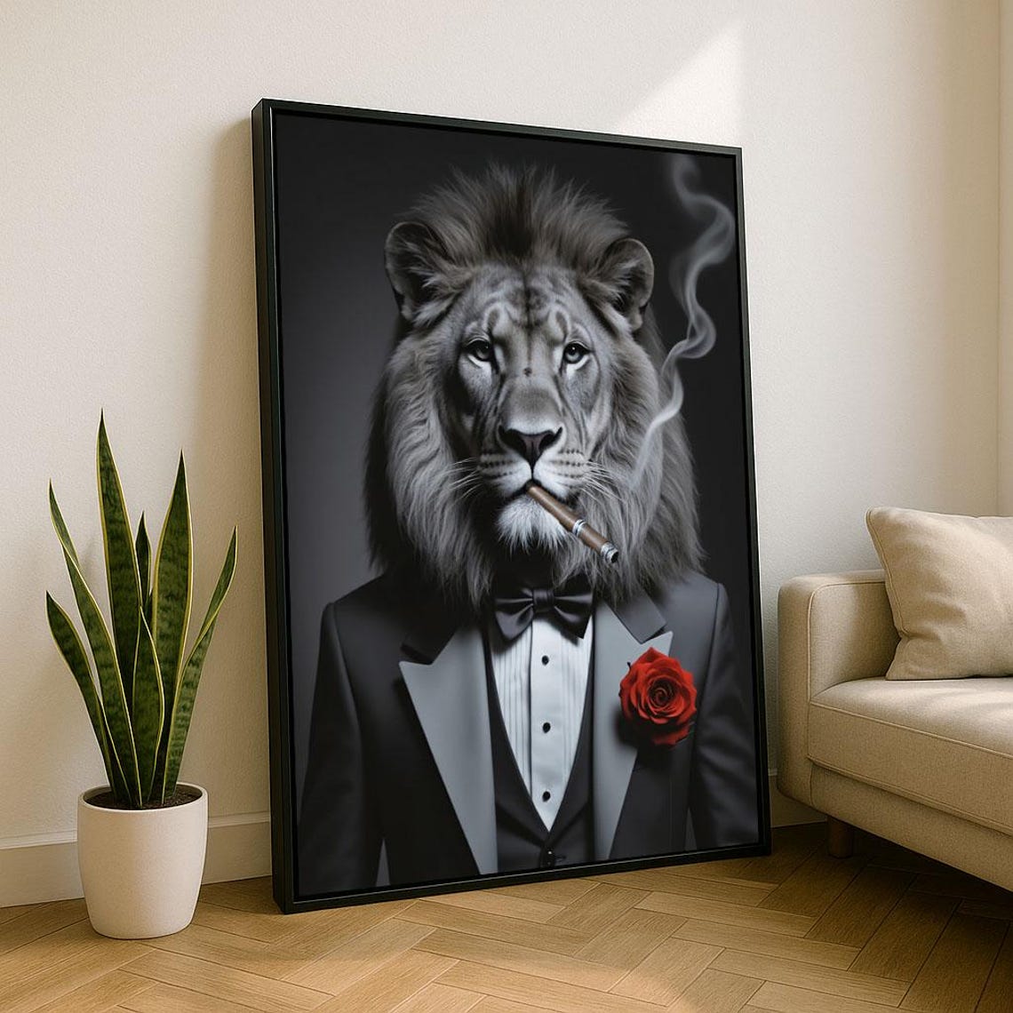 Sophisticated Lion In Tuxedo Canvas Wall Art Print Modern Living Room Decor Statement Piece