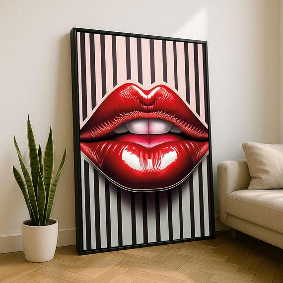 Modern Pop Art Lips Canvas Wall Print Bold Red Living Room Decor Statement Piece