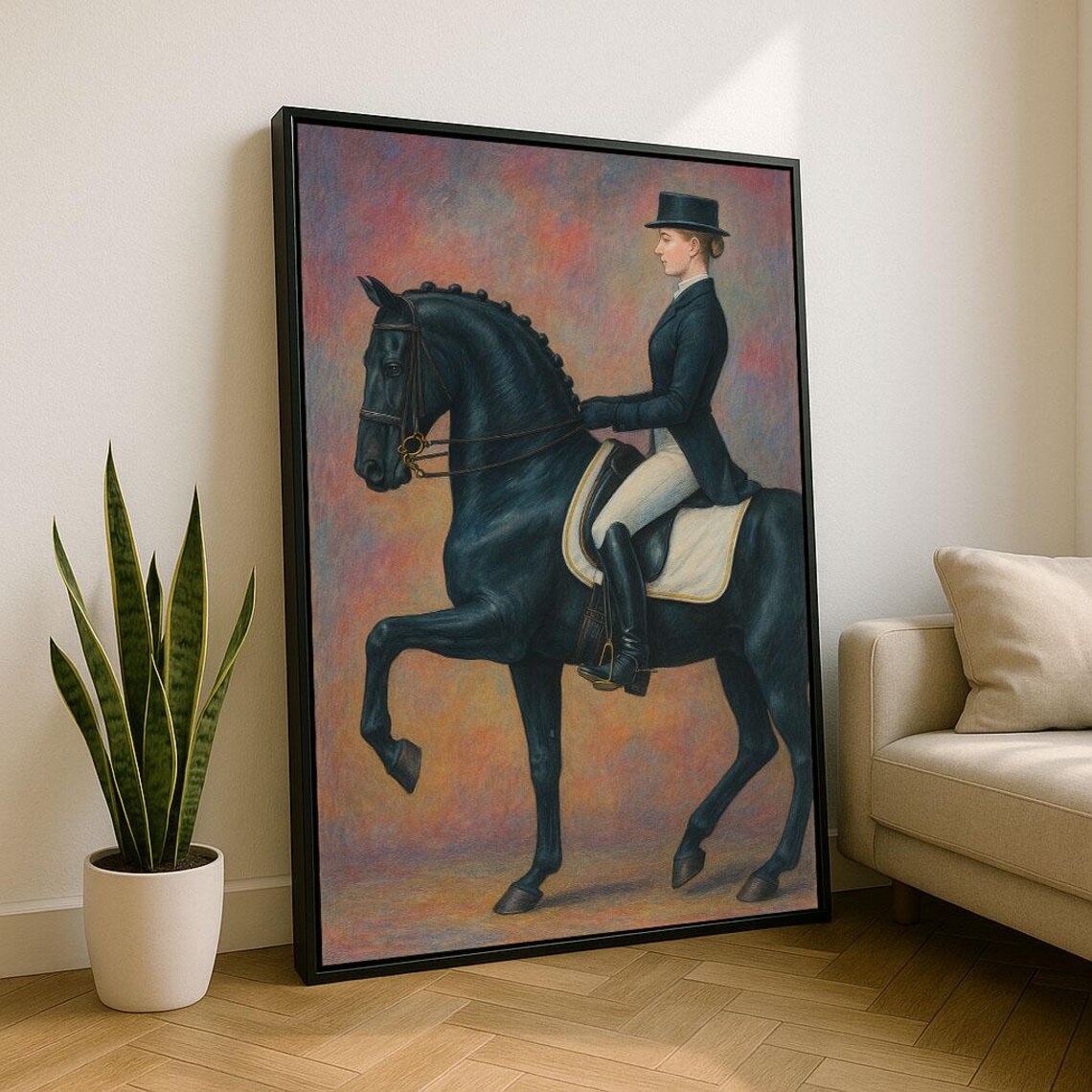 Equestrian Woman Riding Black Horse Dressage Classical Art Poster