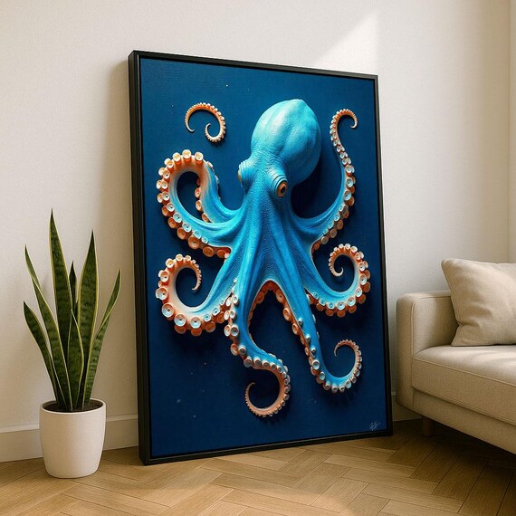 Vibrant Blue Octopus Canvas Wall Art Print Modern Coastal Living Room Decor Statement Piece
