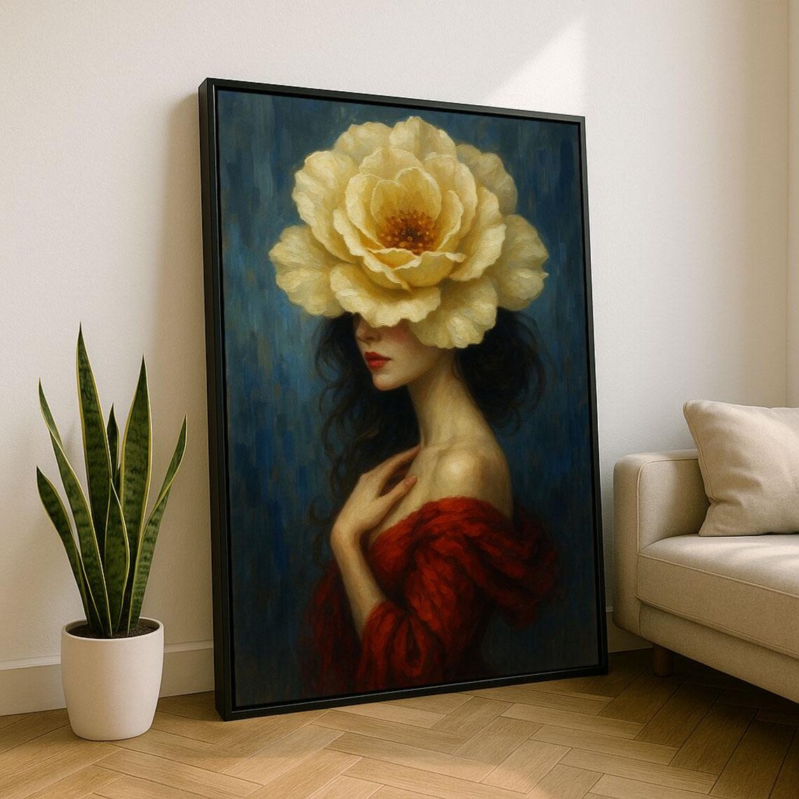 Woman With Giant Cream Flower Covering Face Elegant Art Poster