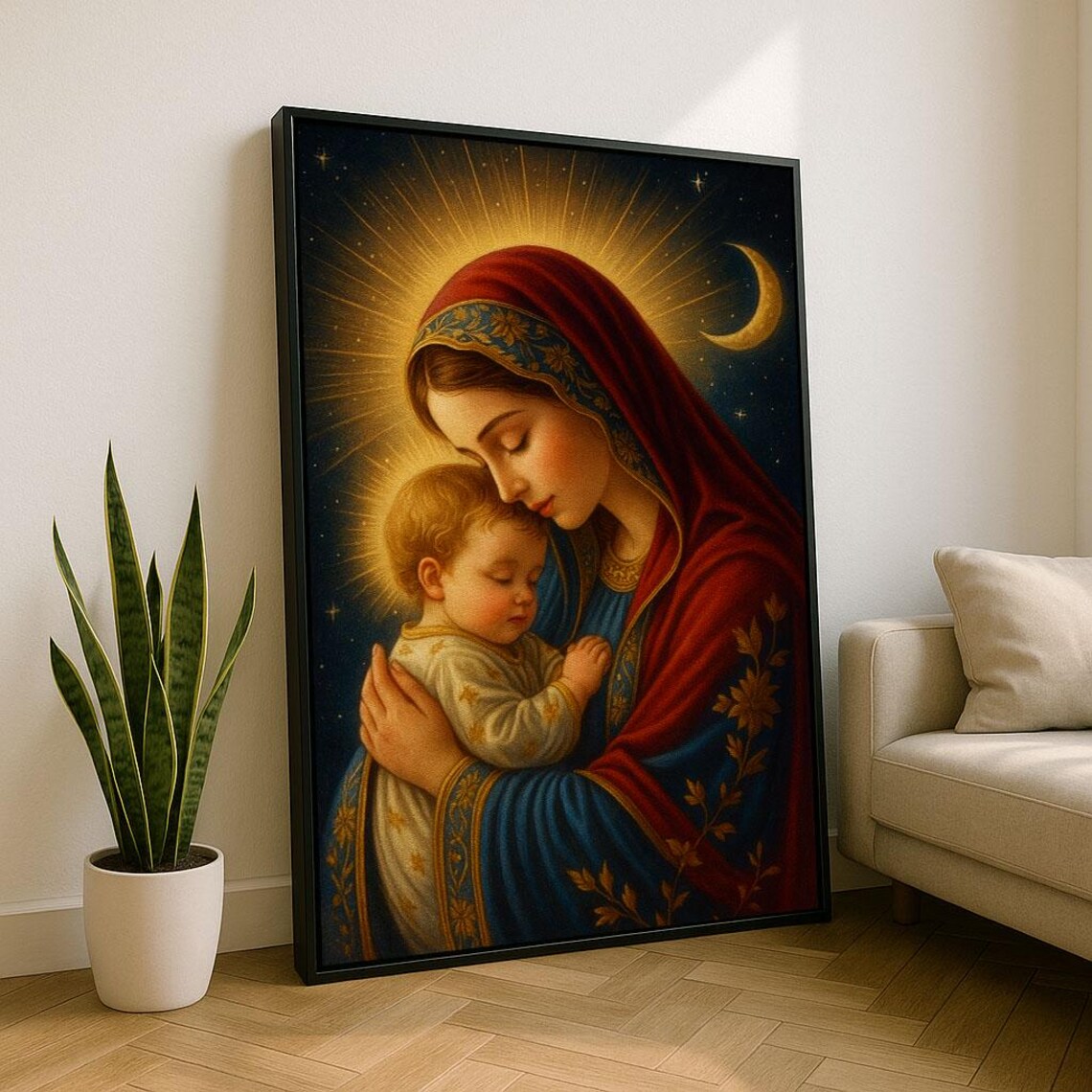 Madonna and Child Holding Baby Night Sky Moon Halo Religious Poster