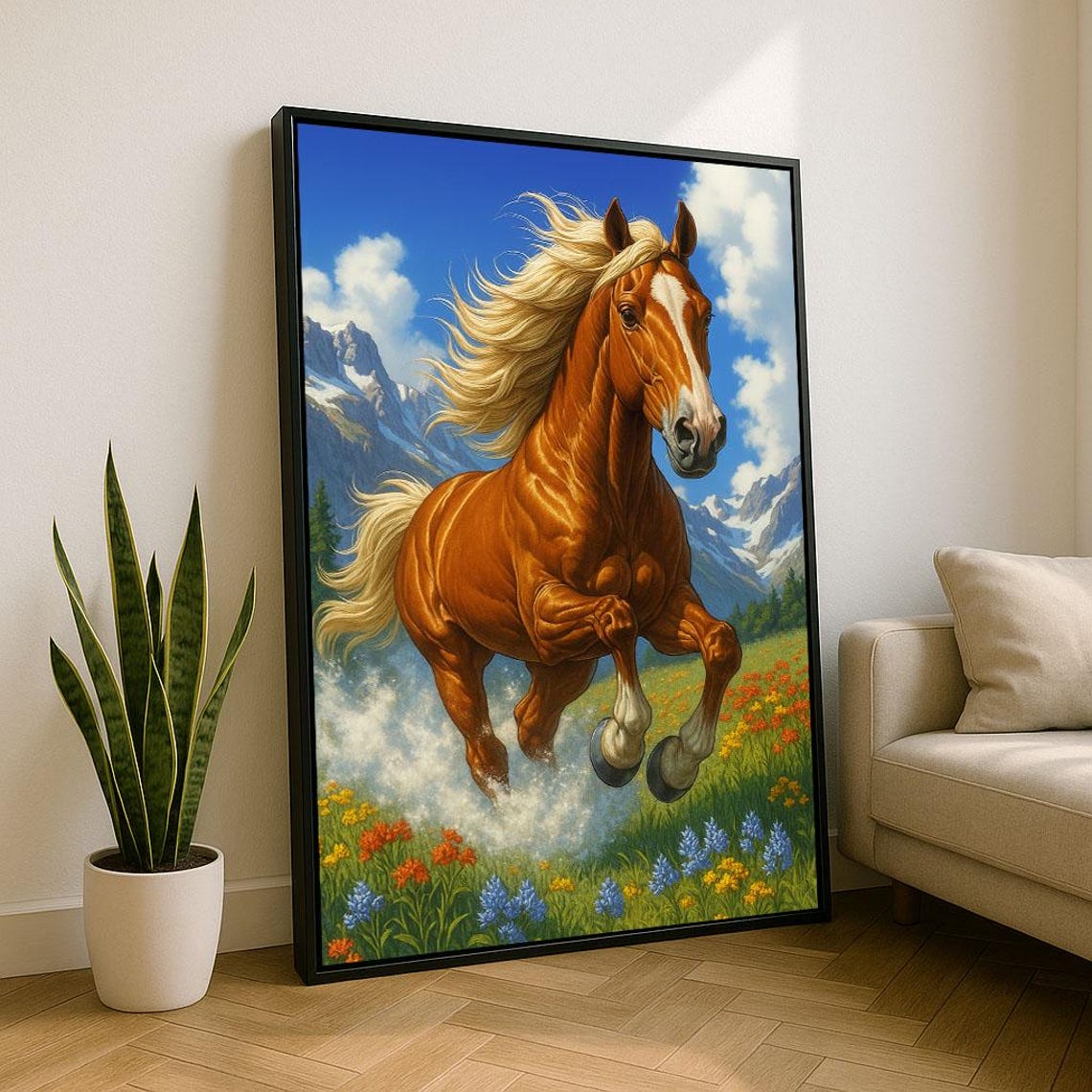 Galloping Chestnut Horse In Wildflower Meadow Mountain Poster
